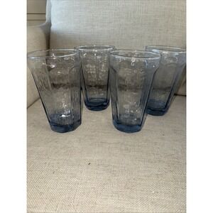 Set Of 4 ANCHOR HOCKING LIGHT BLUE 8 PANEL FACETED GLASS TUMBLER 6" Vintage